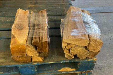 Two bundles of firewood on a pallet.