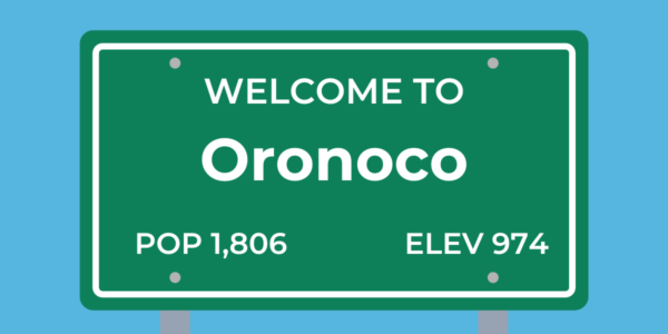 A welcome sign to Oronoco, MN, where we deliver firewood.