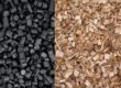 Artificial rubber mulch and natural wood mulch are compared side-by-side