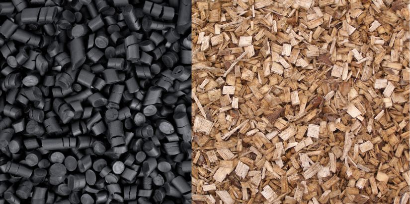 Artificial rubber mulch and natural wood mulch are compared side-by-side