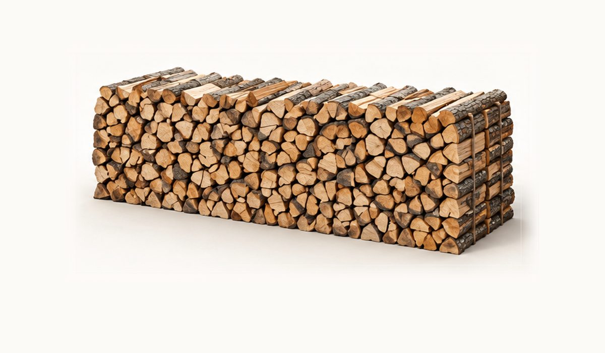 Illustration of a full cord firewood stack, about eight feet long, four feet high and four feet deep